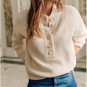 Sezane Cream Ribbed Sweater Wool Blend Button Henley Quiet Luxury Chic